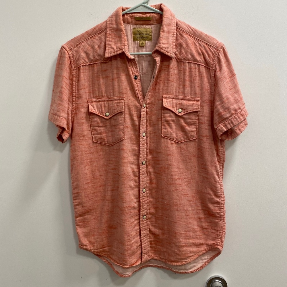 Lucky Brand Western Shirt Size S Coral Pink Slub Cotton Short Sleeve Casual Core